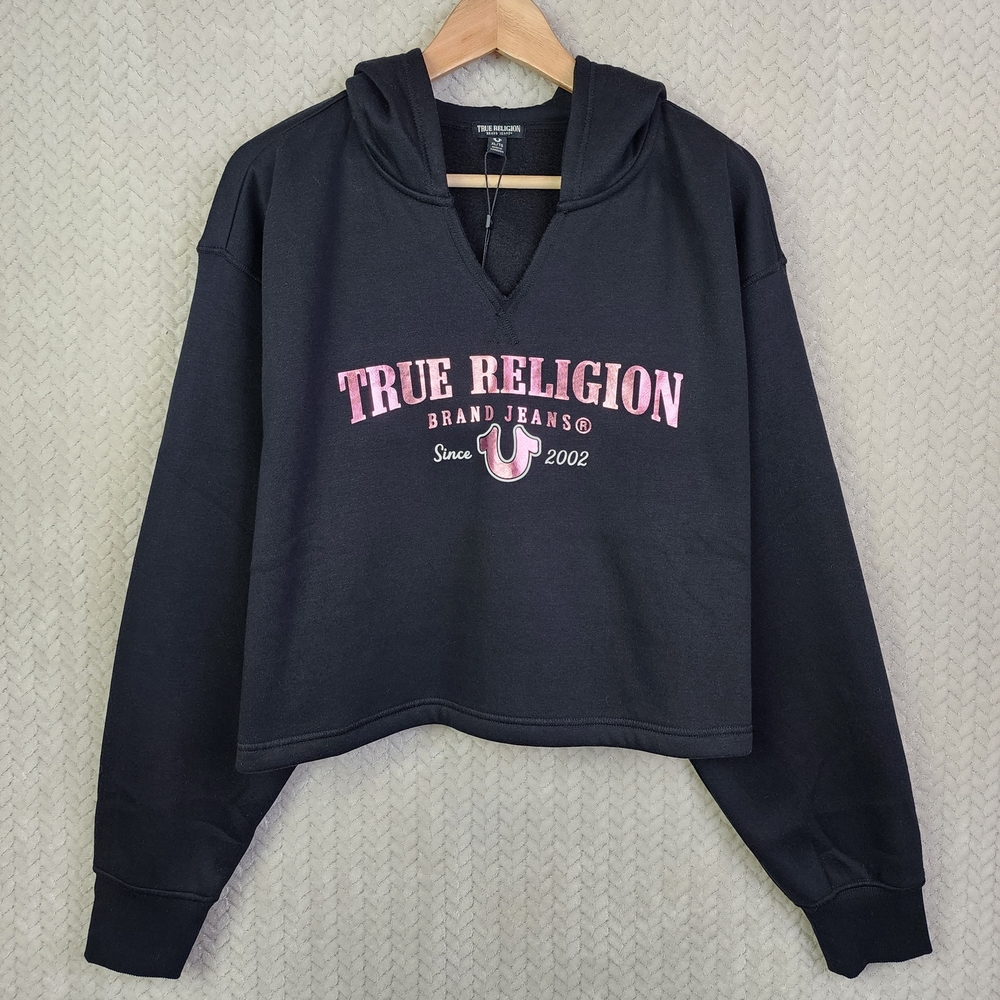 True Religion Women's Cropped Hoodie Sweatshirt Womens XL Black Pink NWT